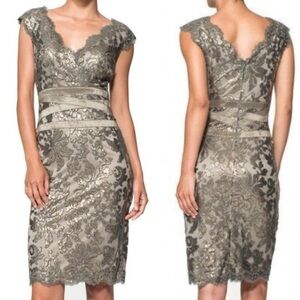 Tadashi Shoji Pailette Sheath Dress Smoke Pearl Size 4